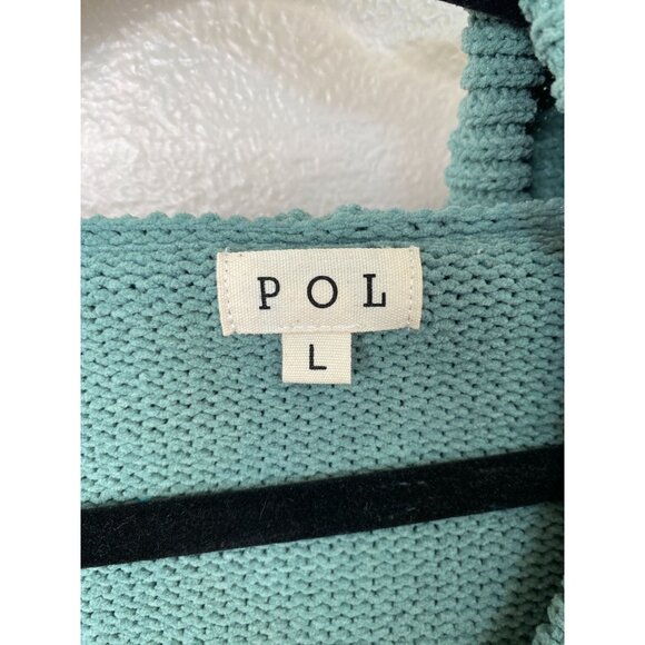 Pol Womens Hooded Star Knit Sweater Large Teal Distressed Drawstring Pullover - Picture 3 of 6